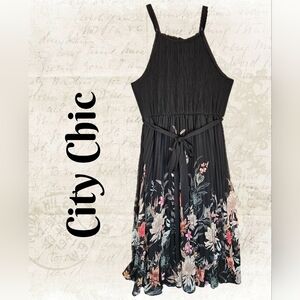 City Chic Womens Maxi Dress Sz S=16 Rebecca Border Botanical Print Tie belt